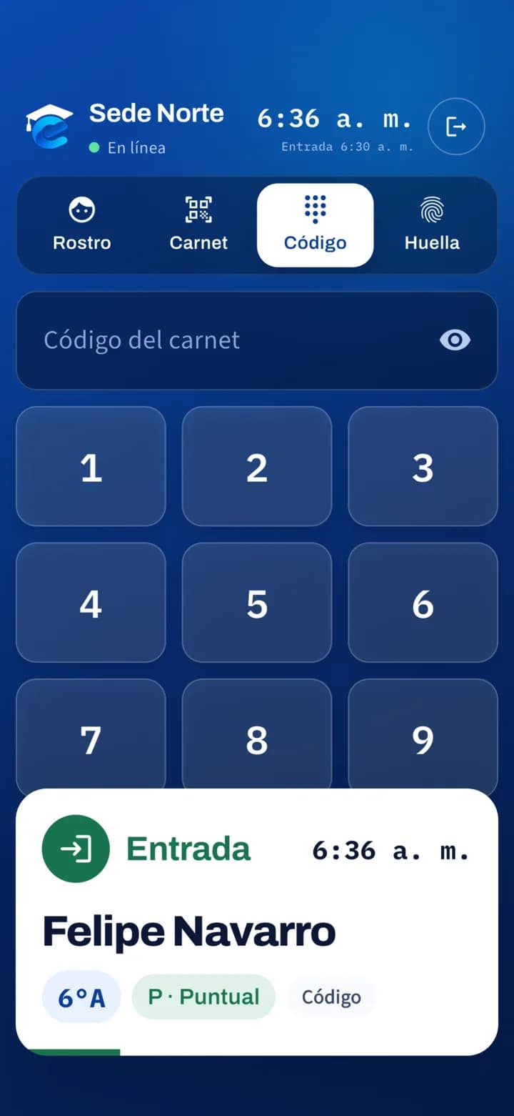 Kiosco de portería: entrada de Felipe Navarro, 6.° A, puntual, registrada por código a las 6:36 a. m.