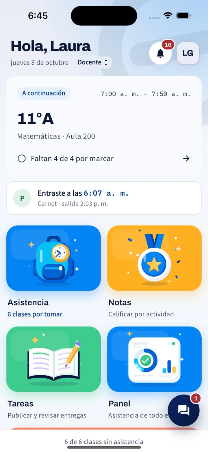 Inicio del docente: la clase que sigue (11.° A, Matemáticas) y mosaicos de asistencia, notas, tareas y panel.